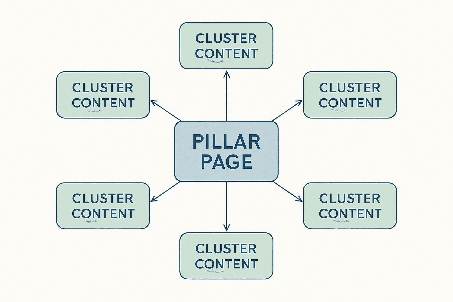 Pillar and cluster content architecture diagram with internal linking arrows