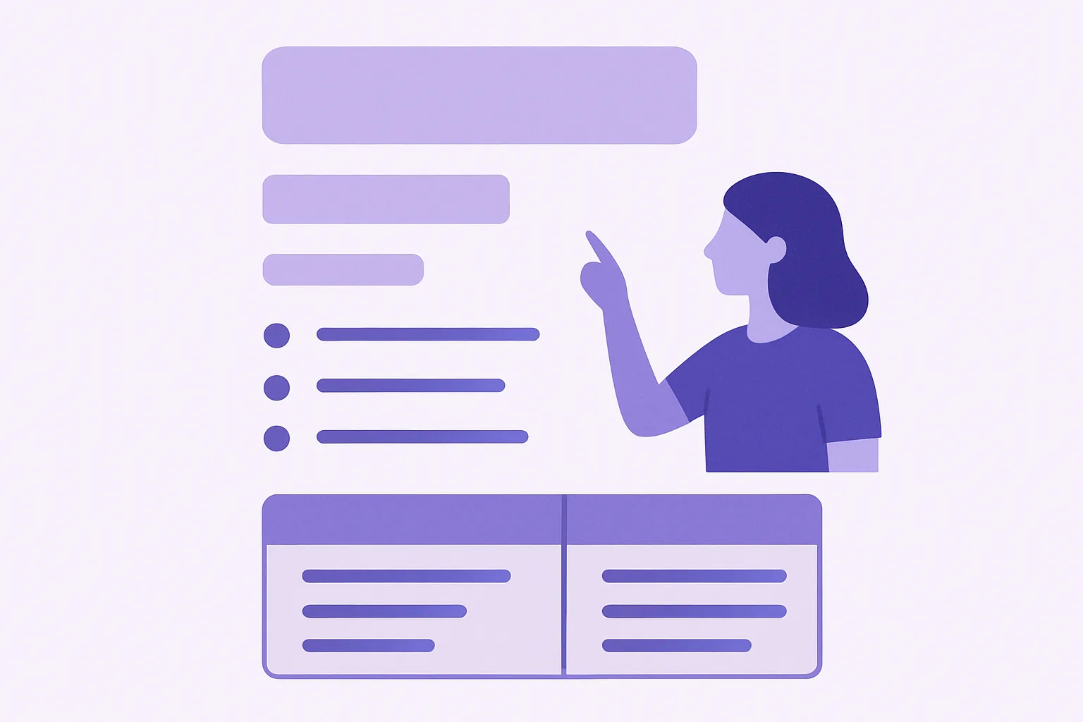 Illustration of structured content page with headings, lists, and comparison table
