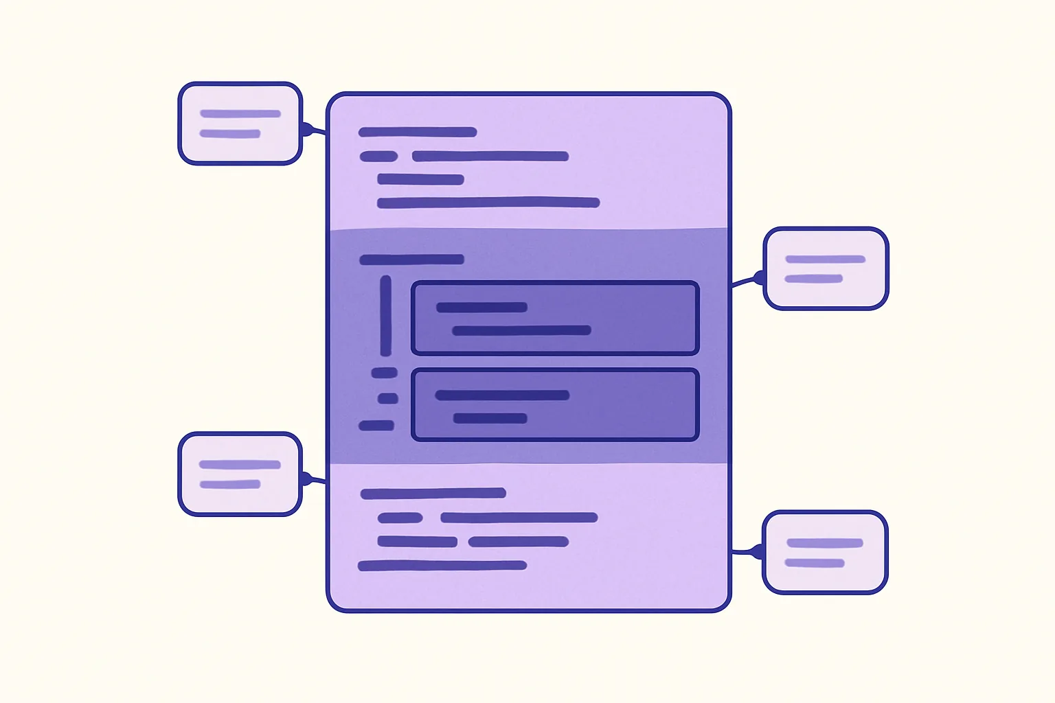 Annotated illustration of a well-structured llms.txt file with section callouts