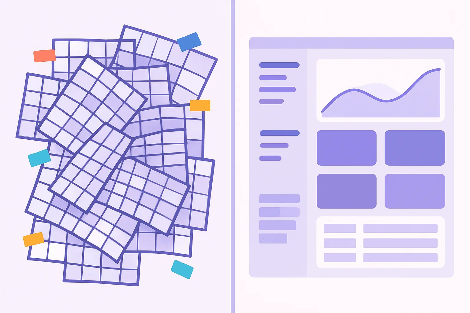 Messy spreadsheet versus clean SEO dashboard comparison
